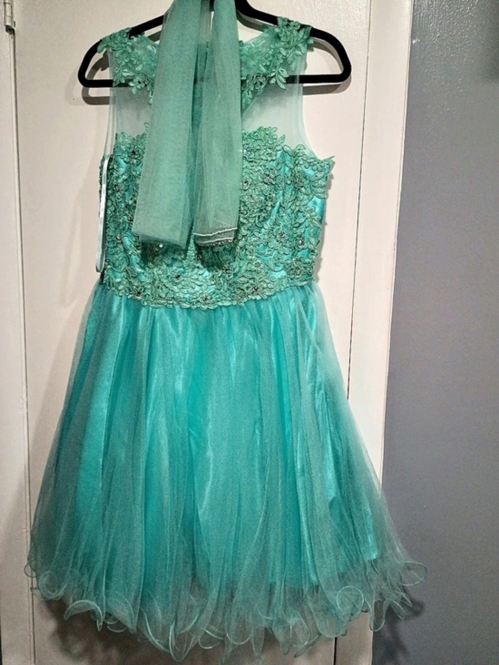 MAY QUEEN Couture Aqua Lace Tulle Mini Dress Size 10 NWT